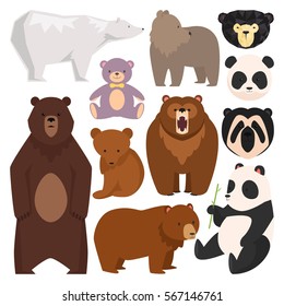 Different Style Wild Bears Vector Illustration. Cute, Angry And Toys Furry Bear Cartoon Character Different Pose And Breeds . 