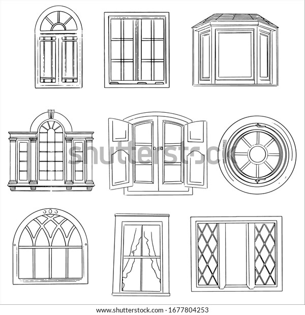 異なるスタイルのウィンドウの手描きのイラスト 白黒の図形 建築の形 のベクター画像素材 ロイヤリティフリー