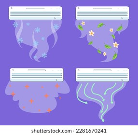 Different styles of air conditioning vector illustrations set. Home conditioners with cold, clean and fresh air flow on purple background. Air purifier, filter, hot weather, summer concept