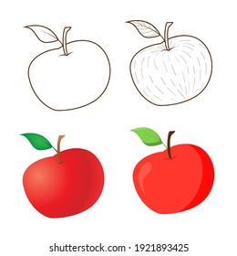 Different styles of apples, contour doodle and textured. Realistic with gradient and cartoon. Isolated colored objects on a white.