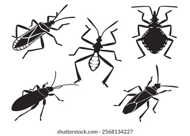 Different Styles of Assassin Bug Silhouette Clipart on White Background