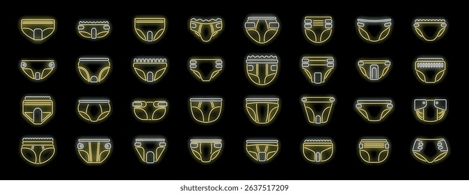 Different styles of baby diapers glowing in neon yellow and white, suitable for dark backgrounds, creating a modern and vibrant look