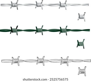 Different styles of barbed wire are showing colors, materials and thicknesses