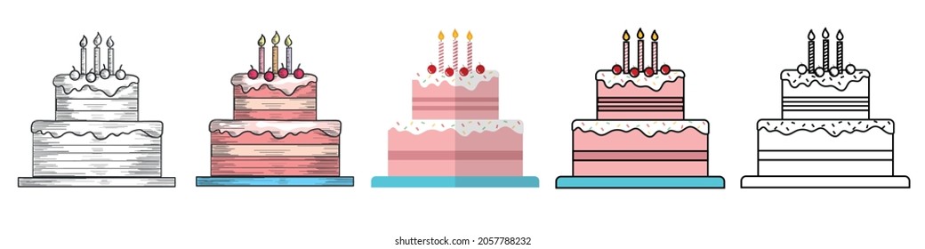 Different Styles Beautiful Festive Birthday Cakes Set. Hand Drawn, doodle, Flat, Stroke and Outline Birthday or Wedding cake. Isolated on white background and easy to use in different graphic designs.