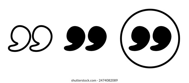 Different styles of black quotation marks, including a pair enclosed in a circular frame, on a white background, showcasing diverse typographic designs.