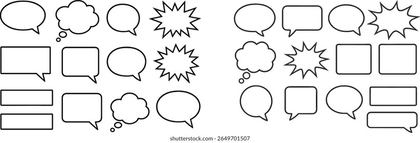 Diferentes estilos de balões de fala em branco e nuvens de pensamento arranjadas para uso em tiras de quadrinhos e narrativas visuais. Estas formas incentivam a criatividade no design de diálogo.