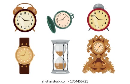 Different styles of clocks, watches and hourglass vector illustration