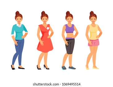 Different styles of clothing, part 1. Everyday, evening, sports and home styles. Vector illustration