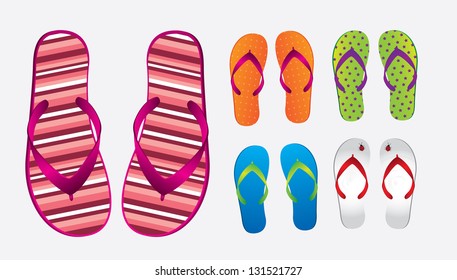 different styles and colors of flip flops over white background