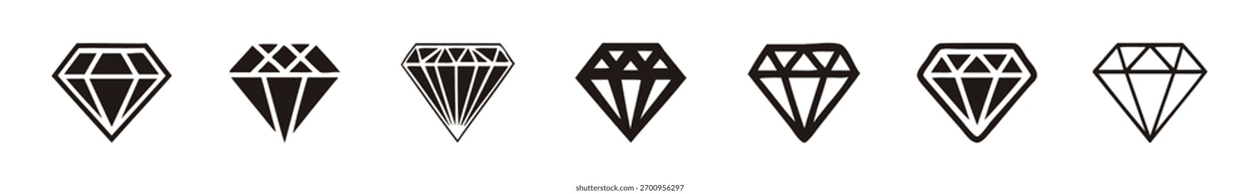 Different styles of diamond shapes drawn in various designs and patterns on a white background, vector illustration.