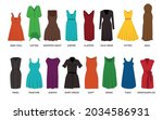 Different styles of dress icon Women dresses vector isolated on background Trendy Women's dress set, baby doll, caftan, empire, flapper, maxi, faux, tunic, panel, pinafore, shift, wrap dress collage