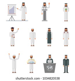 Different styles of life and occupation of Arab man. Business and conferences, higher education and university studies. Islamic religion and Koran. Flat vector chracters isolated on white background.