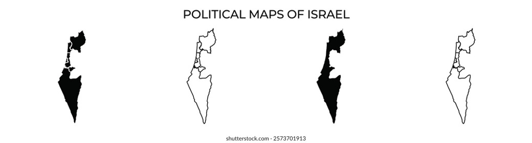 Different styles of political maps of Israel are displayed, showcasing the geographic outline and territorial divisions. Each version highlights specific areas with distinct patterns.