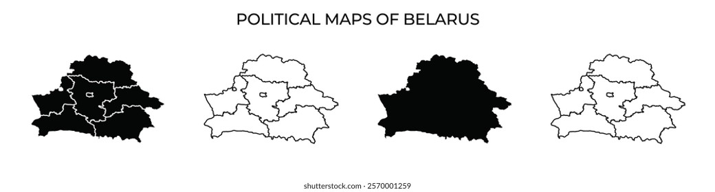 Different styles of political maps showing the regions of Belarus are displayed. Each map features distinct designs and color schemes, highlighting geographic divisions.