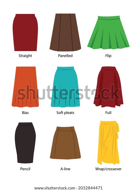 Different styles of skirts set. Women skirts\
vector isolated on background. Women\'s clothes set. Trendy Women\
skirt set, straight, panelled, flip, bais, soft pleats, full,\
pencil, wrap,\
crossever