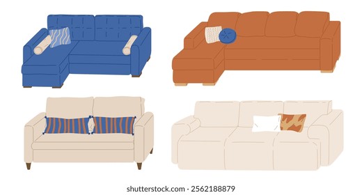 Different styles of sofas with pillows. Clip art for creating living room furnishings. Home and office furniture items. Vector illustration isolated on transparent background.