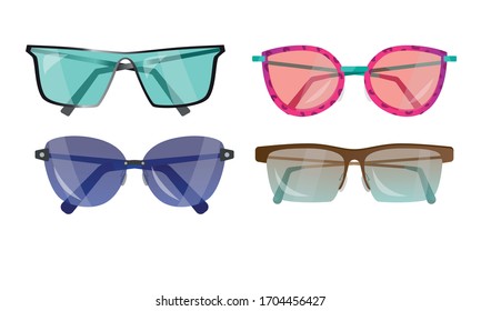 Different styles of sunglasses of various shapes and colors for eyes protection