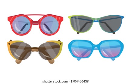 Different styles of sunglasses of various shapes and colors