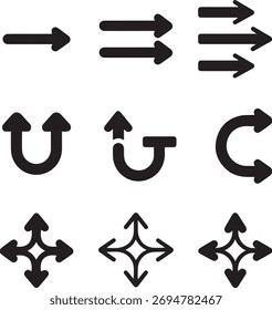 Different styles of thick arrow glyphs, movement indicators.