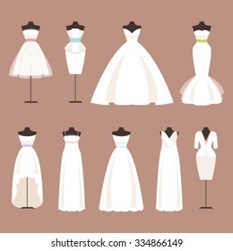 Different styles of wedding dresses on a mannequin