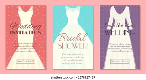 Different styles of wedding dresses set of banners, cards vector illustration. Choose your perfect cloth for your body type. Wedding invitation, bridal shower. Save the date.