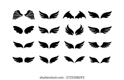 Diferentes estilos de silhuetas de asa, incluindo desenhos de anjo e demônio, para ícones ou decalques Vetor