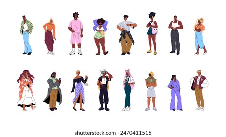 Different stylish african american people set. Black men and women wearing fashion clothes stand. Happy person in trendy outfit, modern look. Flat isolated vector illustrations on white background