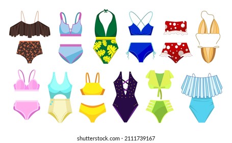 Different stylish swimsuits for women vector illustrations set. Bikini tops and bottoms of different shapes with flowers, bras, panties isolated on white background. Fashion, swimwear, summer concept
