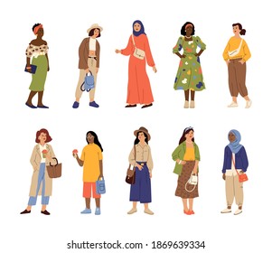 Different stylish women. Casual style woman, multicultural adults in trendy clothes. Isolated fashion dressed happy girls vector characters