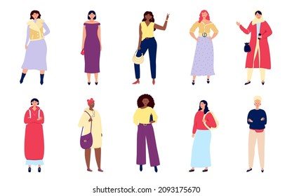 Different stylish women. Formal dressed people, diversity trendy youth girls outfits. Modern color clothes styles, fashionable person, flat utter vector characters