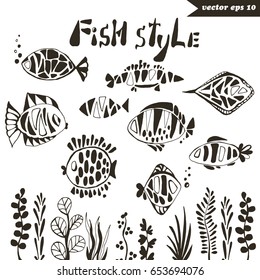 Different stylized fish and sea grass set. Isolated illustration on white background. Element for decoration, print, sticker, stamp, wallpaper.