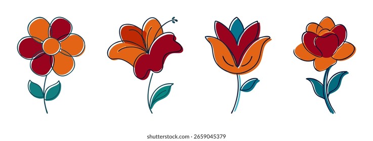 Diferentes ilustraciones de flores estilizadas con varias Formas y colores