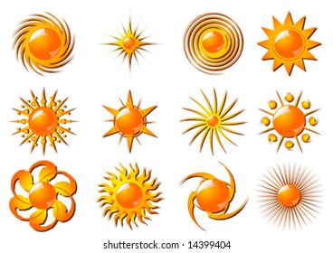 Different stylized suns isolated over white background