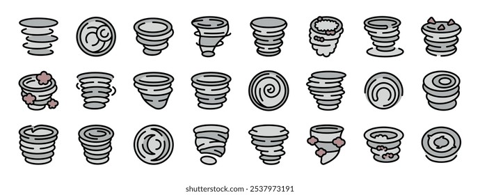 Verschiedene stilisierte Tornado-Symbole, die wirbelnde Windwirbel darstellen, die starke und zerstörerische Wetterphänomene darstellen