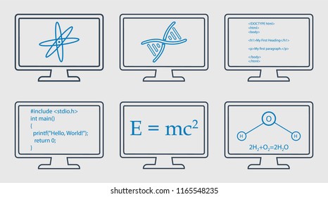 Different Subject Line Icon Set. Physics, Chemistry, Genetic Engineering and Computer Science symbols are on monitor.