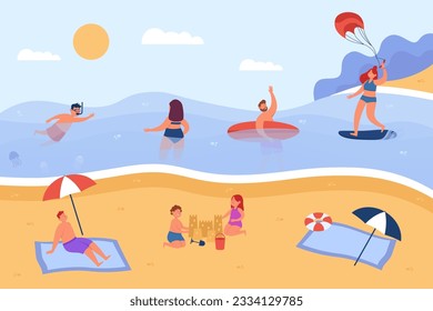 Different summer activities on beach vector illustration. People swimming, diving, surfing on waves, children building sand castle and sunbathing under umbrella. Summer, travel concept