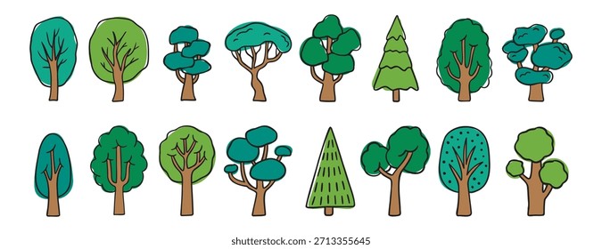 Diferentes árboles verdes de verano doodle dibujado a mano conjunto de iconos. dibujo de dibujos animados colorido colección de símbolo de Clipart de línea de árbol. Ilustración vectorial