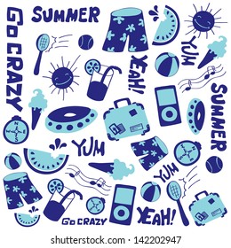 Different summer and touristic objects seamless pattern. Hand-made lettering. Vector illustration.