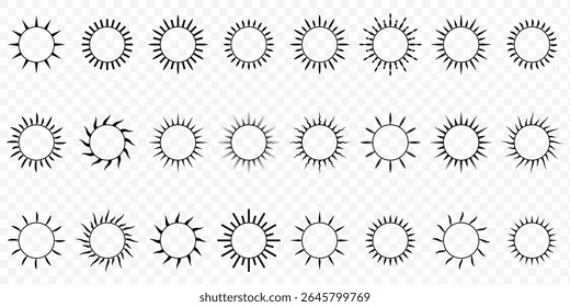 Diferentes iconos de sol en color negro sobre fondo transparente. sol y brillo solar, salida del sol o puesta del sol. Ilustración vectorial.