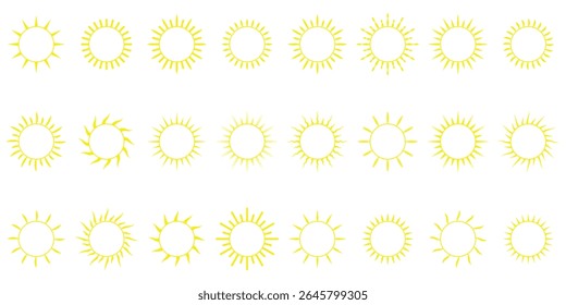 Unterschiedliche Sonnensymbole stehen zur Auswahl. Sonnenschein und Sonnenschein, Sonnenaufgang oder Sonnenuntergang. Vektorgrafik.