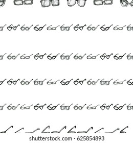 Different sunglasses types seamless pattern, hand drawn doodle style vector. Black and white sketch illustration.