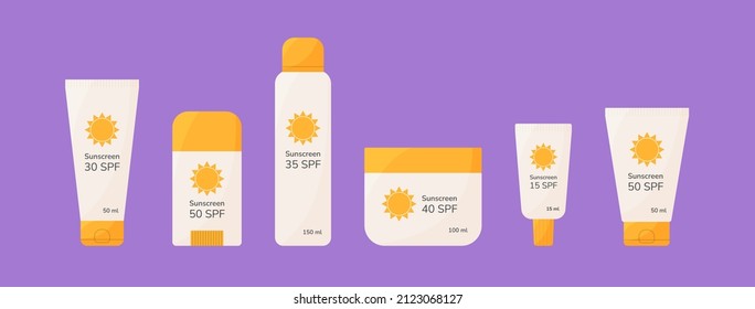 Different sunscreen cosmetic set. SPF sunblock cream, lotion, spray, stick isolated on violet background. Flat style summer skincare products vector illustration. Healthy sunbathing sunscreens. - Shutterstock ID 2123068127