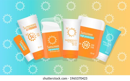 Different sunscreen cosmetics, spf cream tube, uva uvb lotion, lip stick, after sun lotion collection. Different levels of spf filters protection. Summer skin care concept. Flat vector illustration.