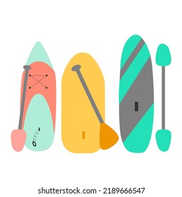 Different sup stand up or paddle surf boards, flat vector