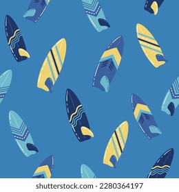 Different surf boards on the ocean, seamless pattern with vector hand drawn art