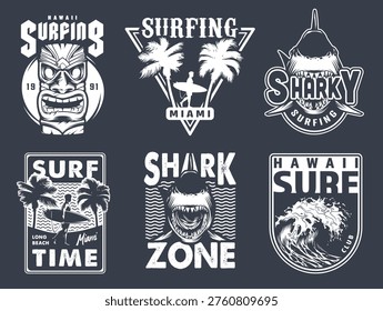Different surf clubs show logos that include sharks palm trees and surfing. The designs are from places like Miami and Hawaii with a focus on surfing culture.