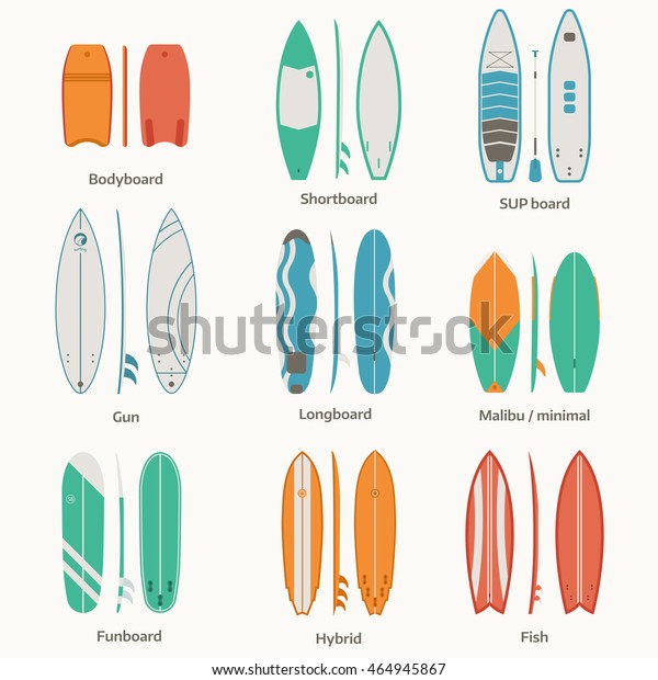 Different surfboard collection. Vector various surf\
desk in flat design. Surfing desks and boards set. Various colors\
and styles. Surfdesks isolated on white background. Shortboard,\
longboard and more