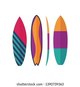 Different surfboard icons. Flat design various surf desk types. Surfing desks and boards of various colors and styles.