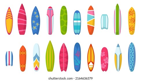 Different surfboard set. Colorful surf desk design. Surfing desks and boards collection with bright color patterns. Surfdesks for sea sport activity isolated on white background. Vector illustration