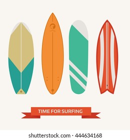 Different surfboard set. Flat design vector various surf desk collection. Surfing desks and boards. Various colors and styles. Surfdesks isolated on white background.